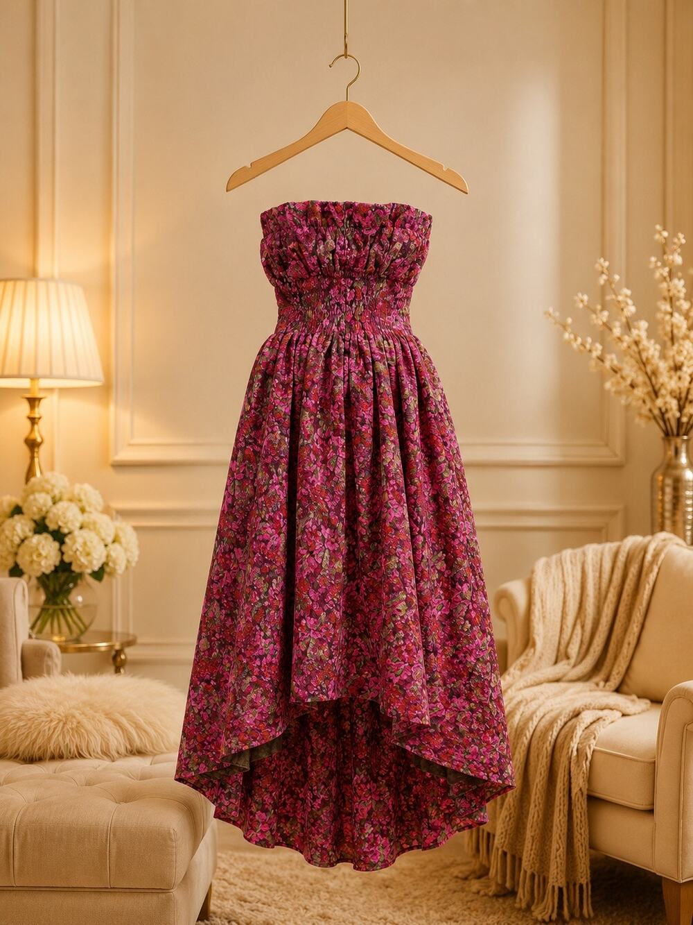Elliatt Camellia Pink Green Floral Strapless High Low Dress Med Baroque Romantic
